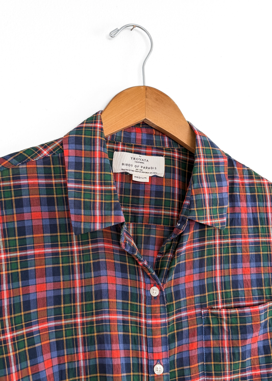 Trovata Birds of Paradise Red Green Blue Plaid Button Down (M)
