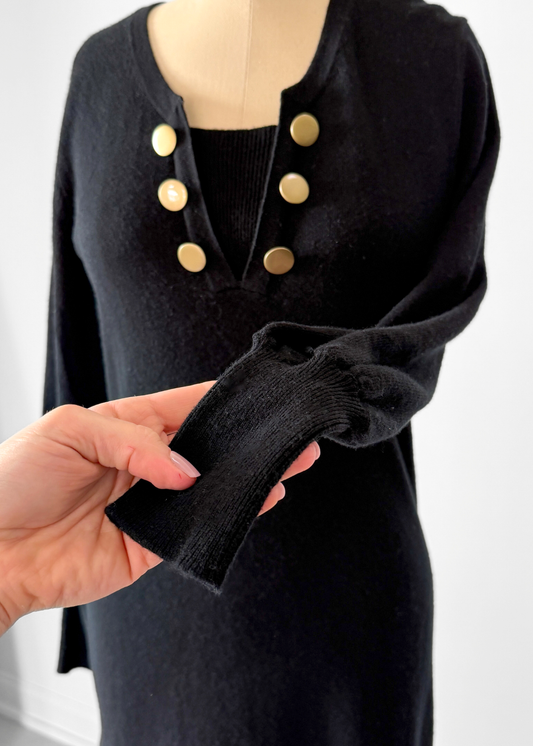 Pure Collection Black Cashmere & Lambswool Gold Button Long Sleeve Knit Dress (6)