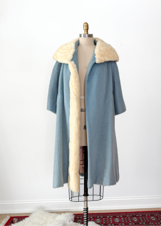 Vintage 60s Lilli Ann Powder Blue Cream Mink Collar Swing Coat