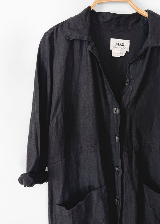 Vintage 90s FLAX Black Linen Button-Front Dress with Pockets
