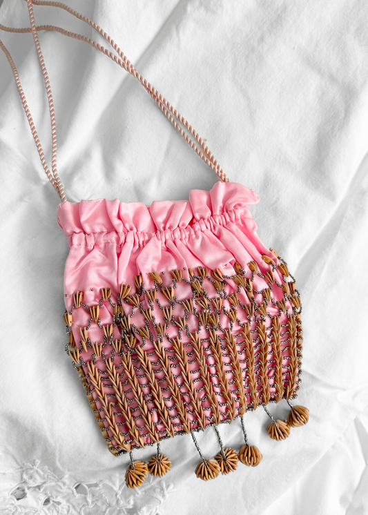 Vintage 20s-40s Pink Satin Beaded Drawstring Evening Bag Wood Bead Fringe Purse