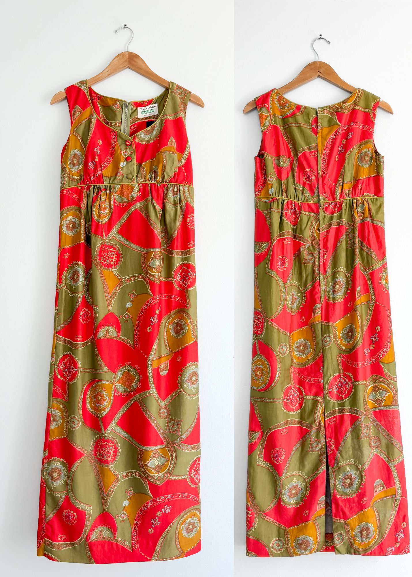 Vintage 60s 70s Malihini Designer Collection Hawaiian Red Avocado Green Hostess Maxi Dress (M)