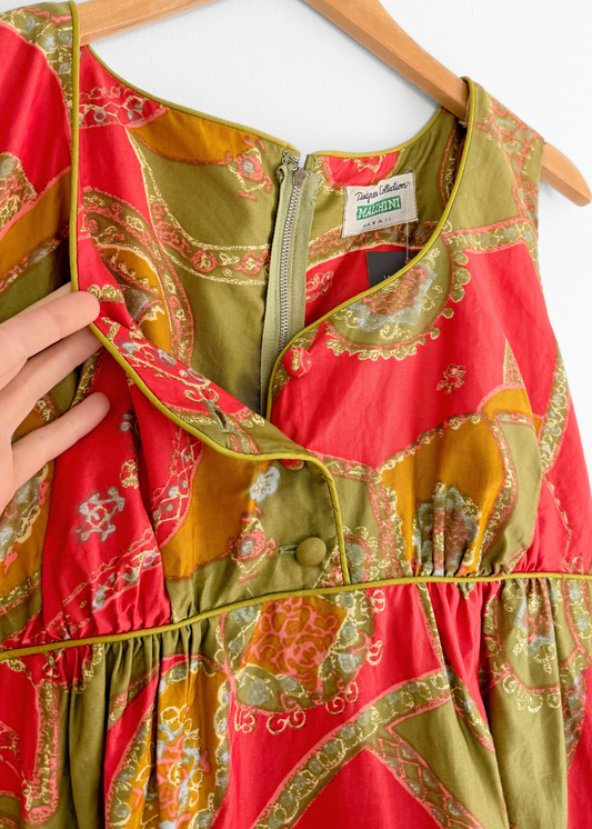 Vintage 60s 70s Malihini Designer Collection Hawaiian Red Avocado Green Hostess Maxi Dress (M)