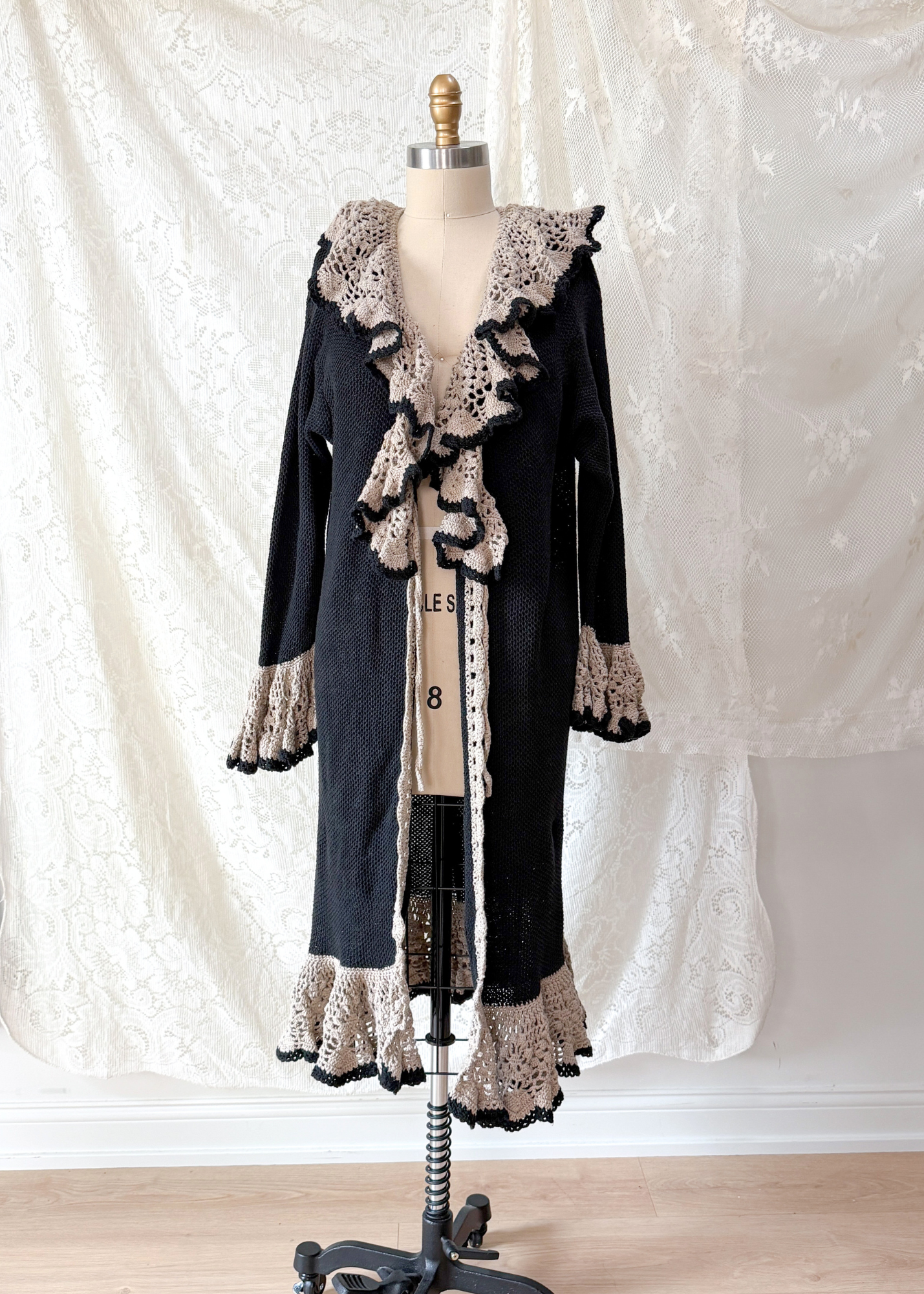 Vintage Lacy After Noon Black Tan Crochet Ruffle Duster Cardigan