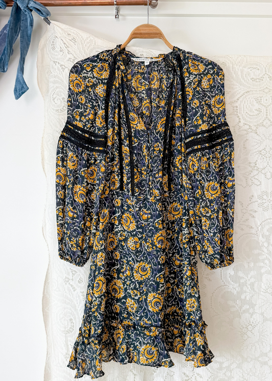 Veronica Beard Ida Floral Silk Yellow Blue Black Mini Dress