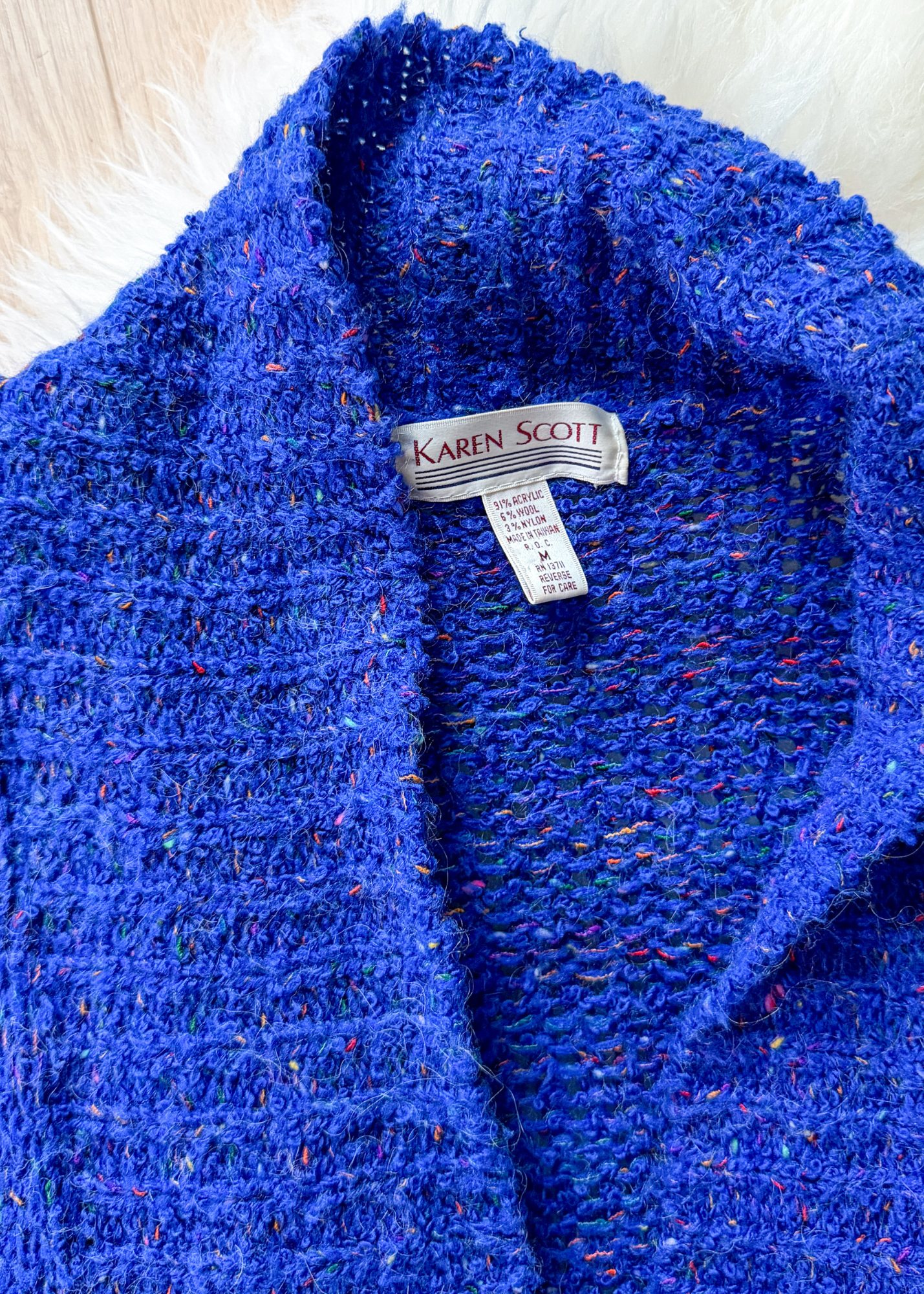 Vintage 90s Karen Scott Cobalt Blue Speckled Knit Cardigan (M)