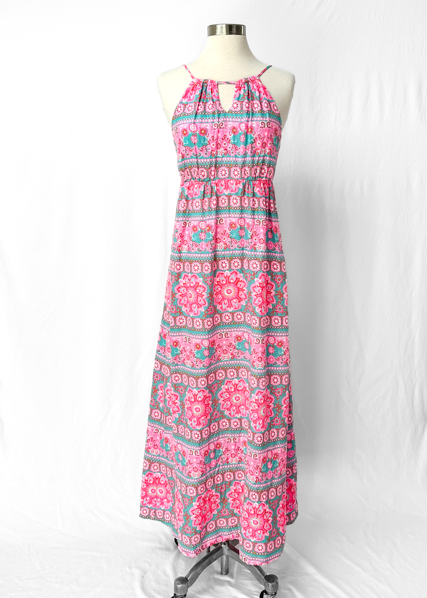 Vineyard Vines Caribbean Floral Bright Pink and Turquoise Maxi Dress (0 or XS)