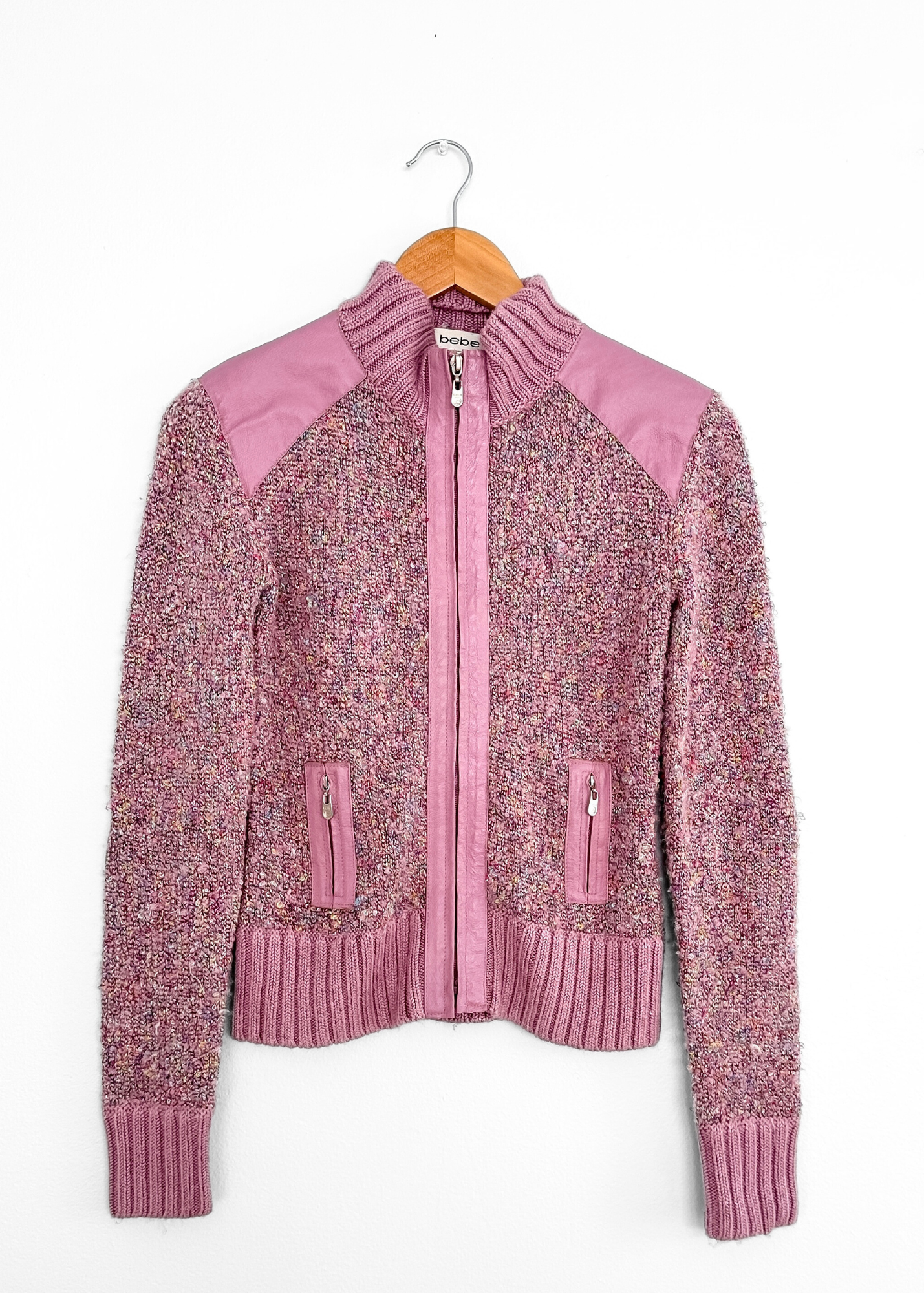 Vintage 00s Bebe Pink Knit and Leather Jacket (S)