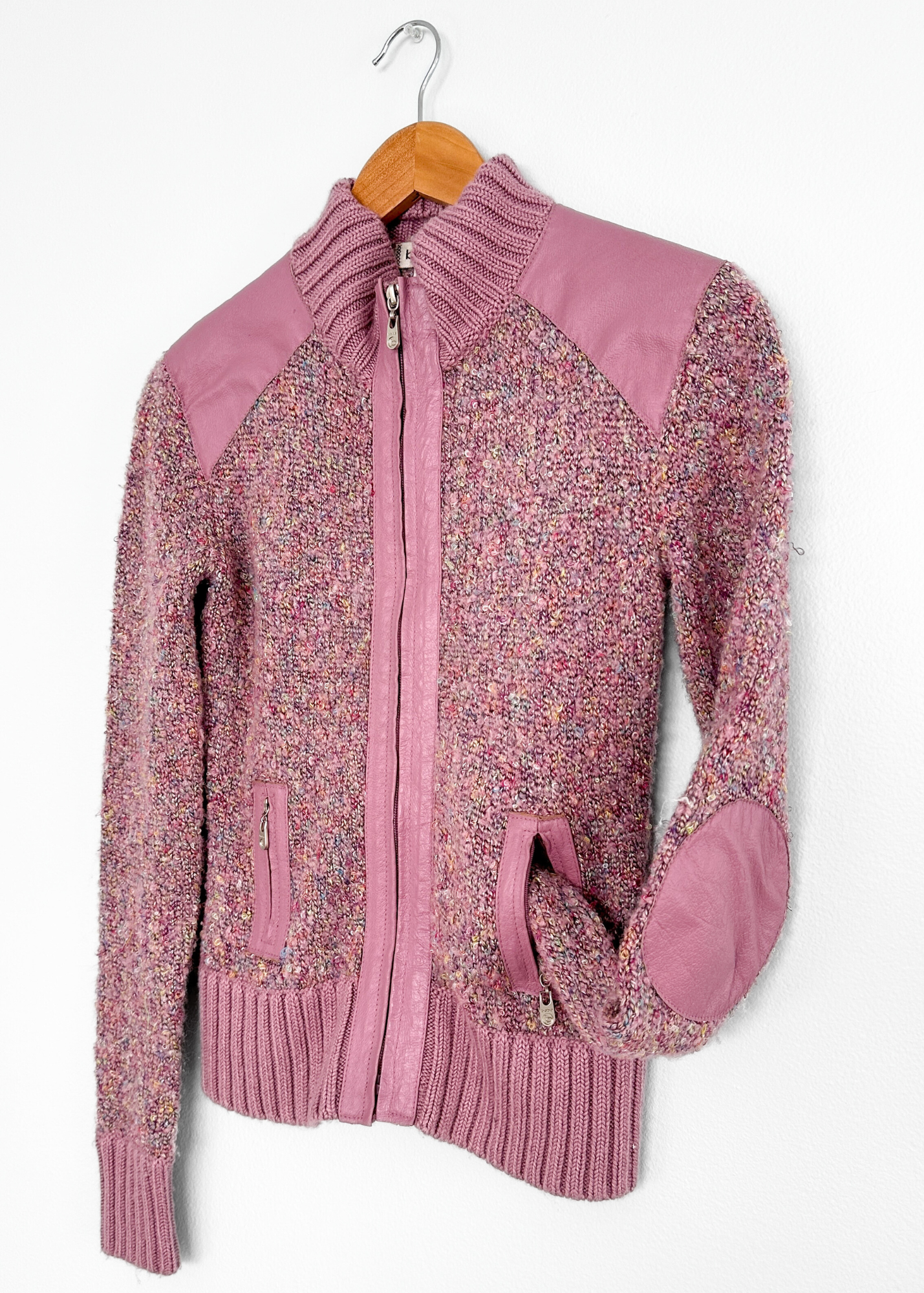 Vintage 00s Bebe Pink Knit and Leather Jacket (S)