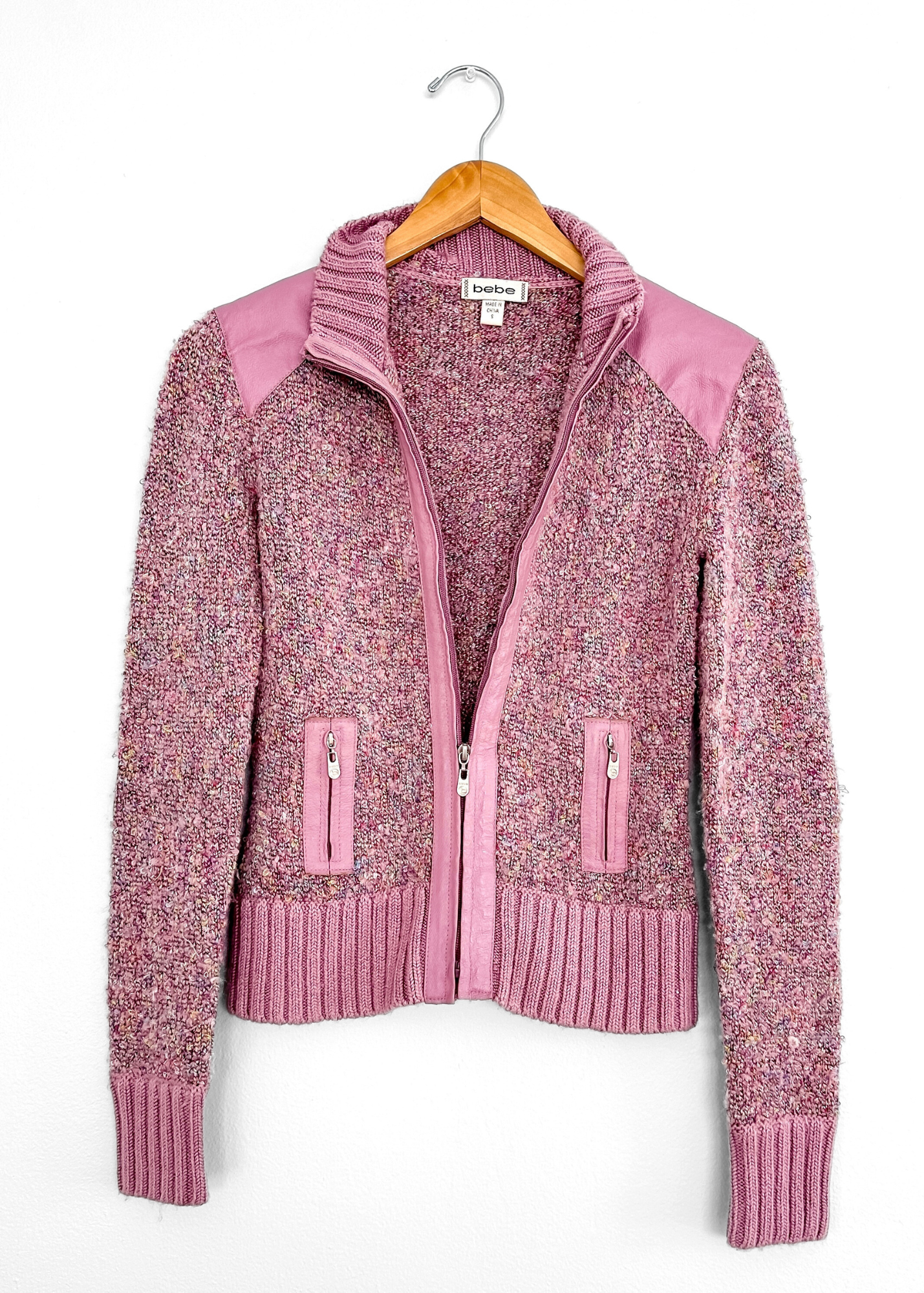 Vintage 00s Bebe Pink Knit and Leather Jacket (S)