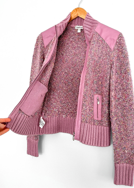 Vintage 00s Bebe Pink Knit and Leather Jacket (S)
