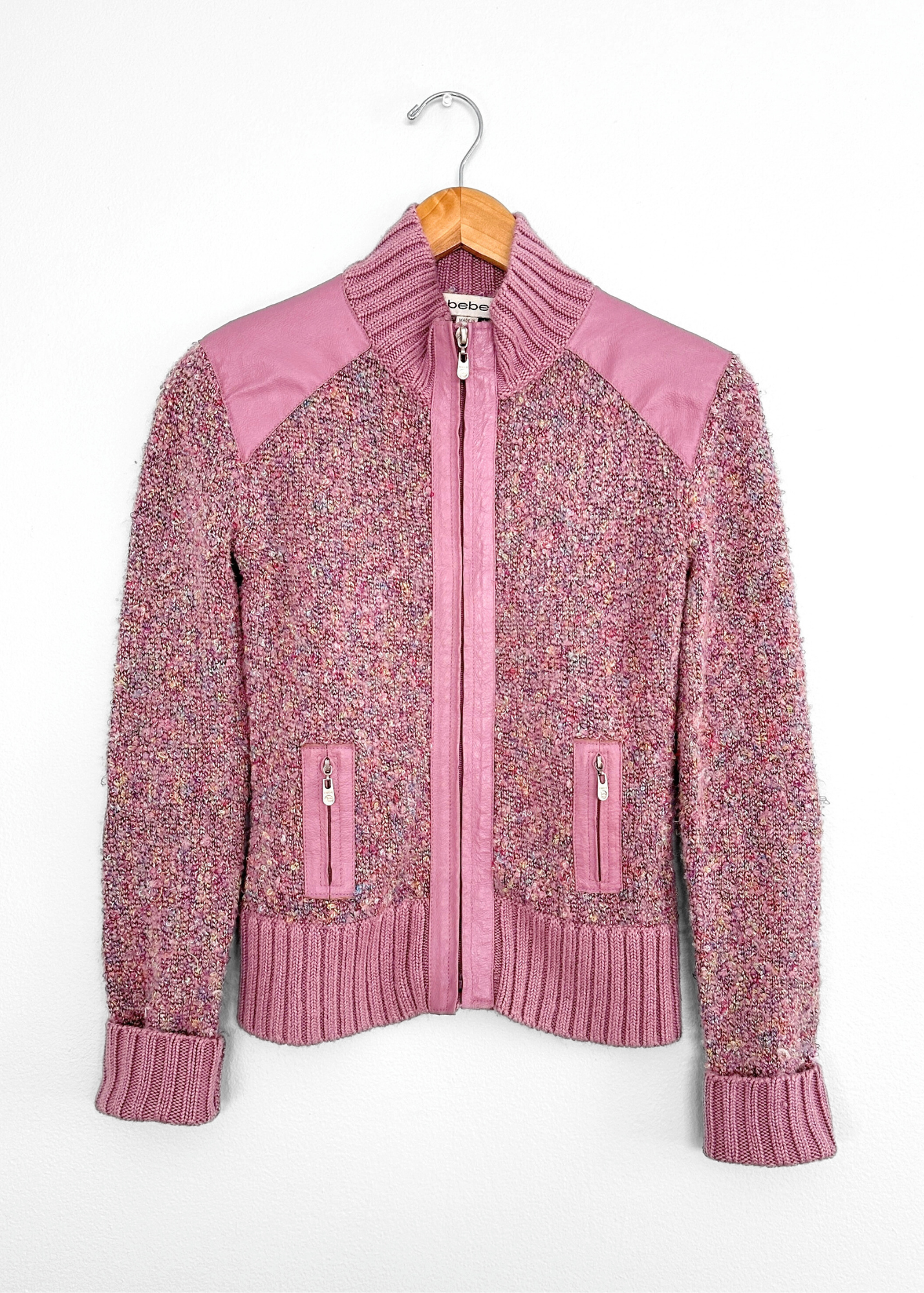 Vintage 00s Bebe Pink Knit and Leather Jacket (S)