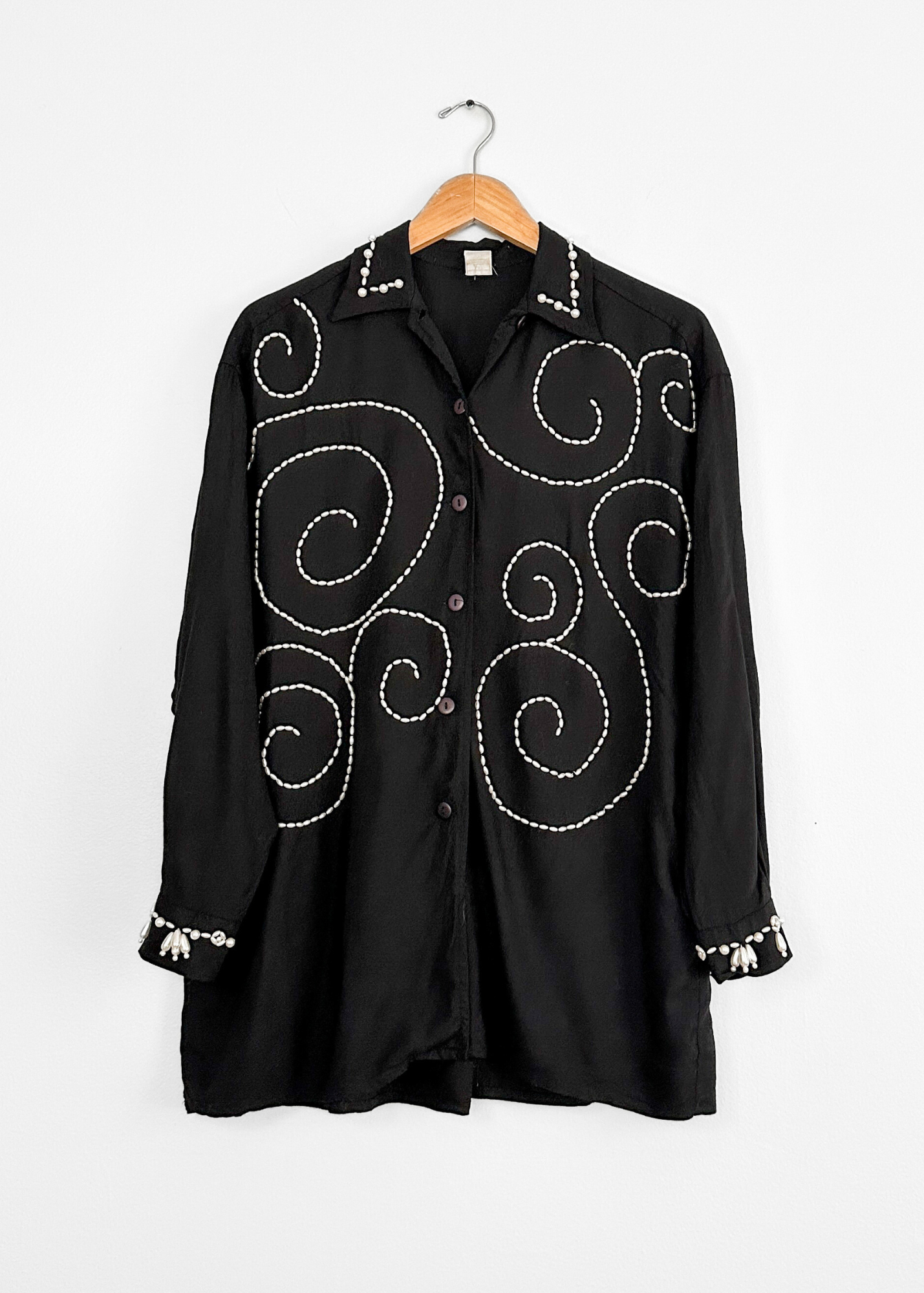 Vintage Black Pearl Embellished Button Down Drop Shoulder Top (8 or M)