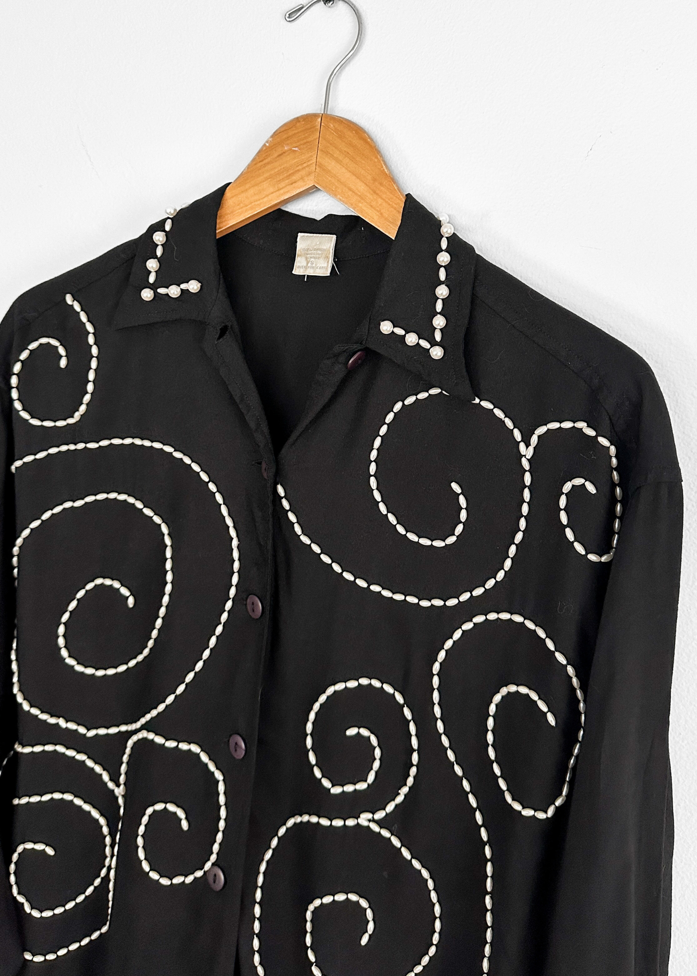 Vintage Black Pearl Embellished Button Down Drop Shoulder Top (8 or M)