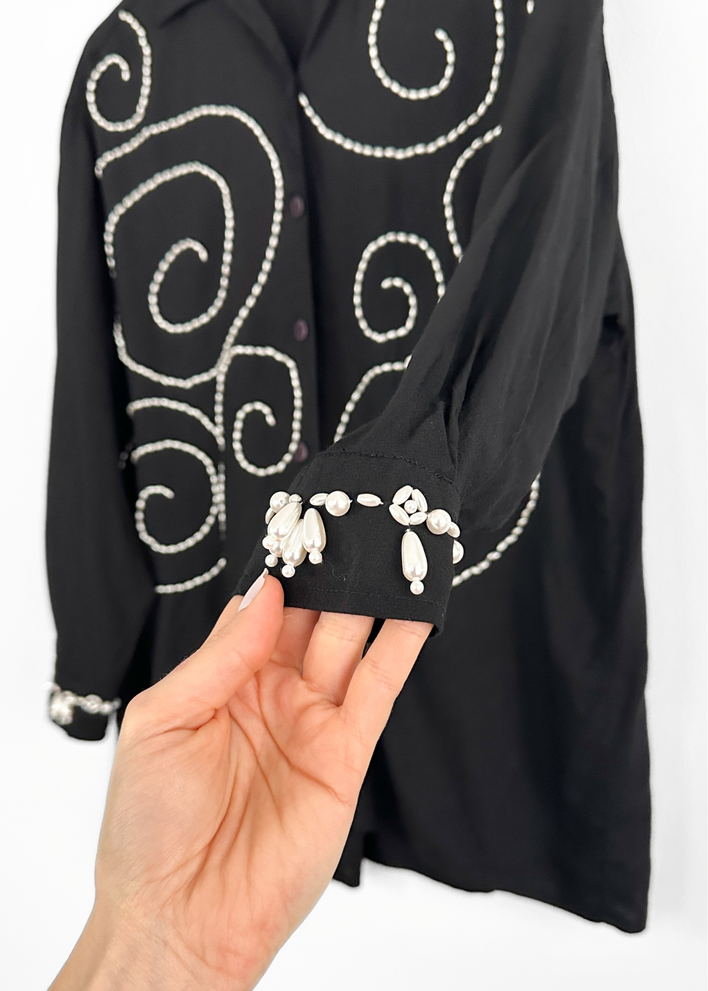 Vintage Black Pearl Embellished Button Down Drop Shoulder Top (8 or M)