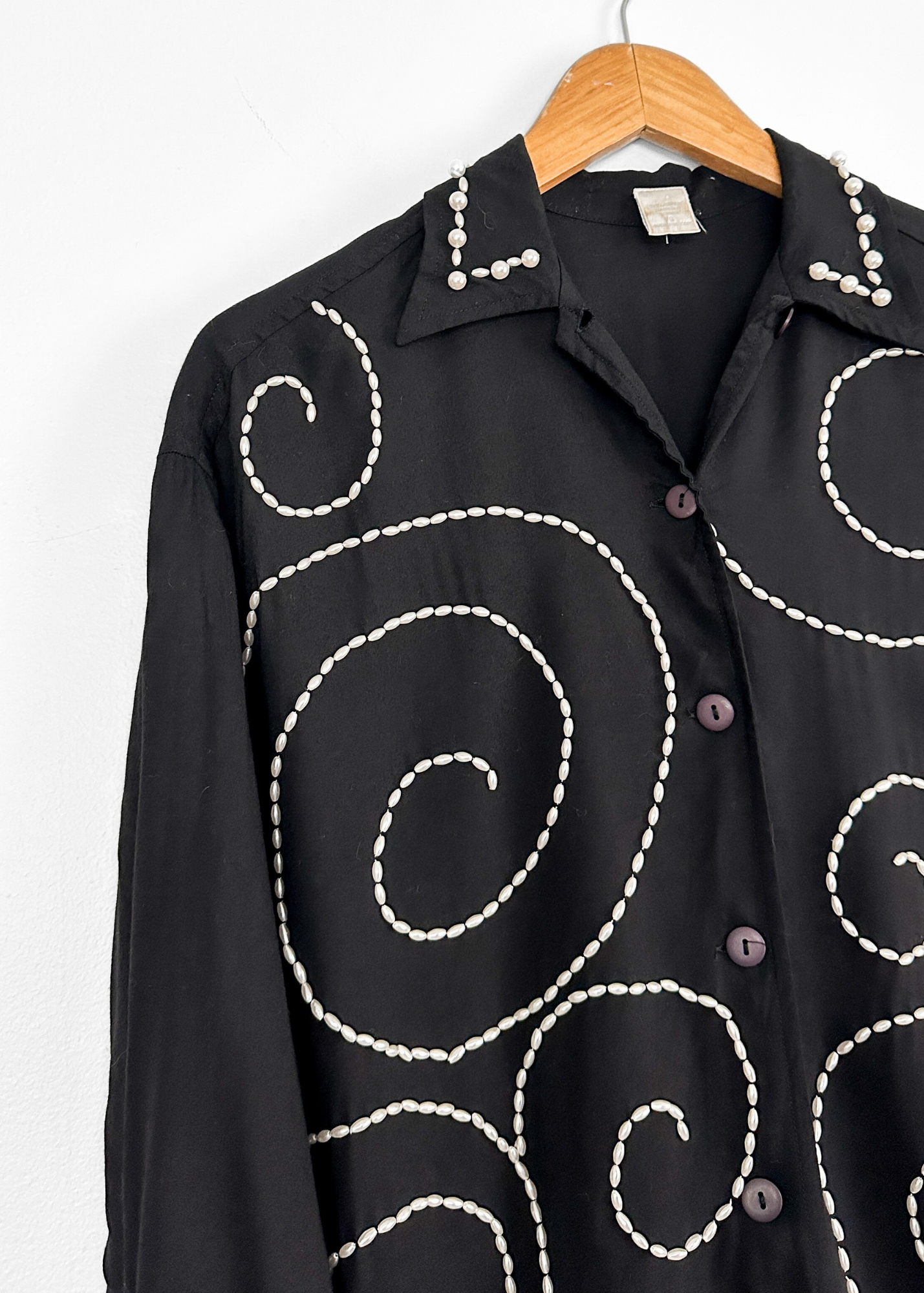 Vintage Black Pearl Embellished Button Down Drop Shoulder Top (8 or M)