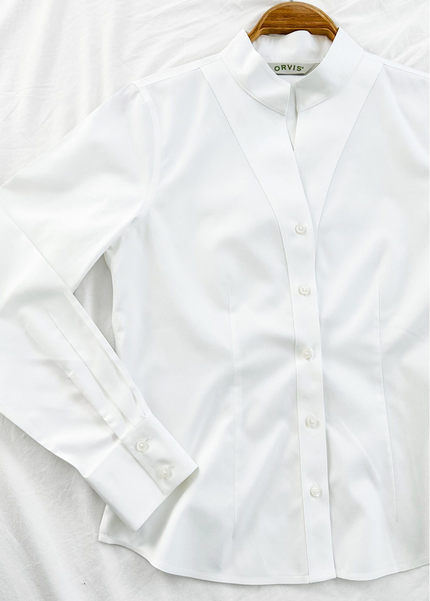 Orvis Women's White Cotton Tailored Mandarin Collar Button Down (6)
