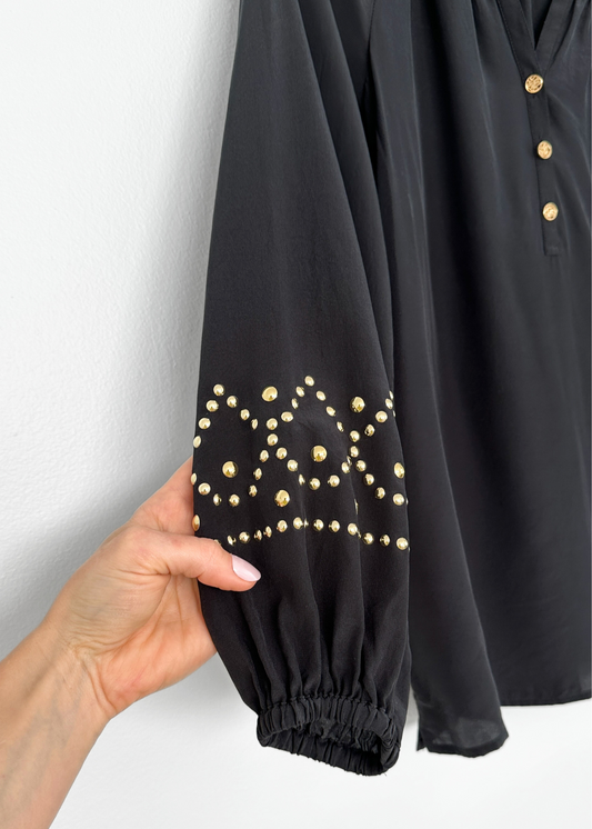 Lilly Pulitzer Elsa Black Silk Gold Stud Sleeve Top (XS)