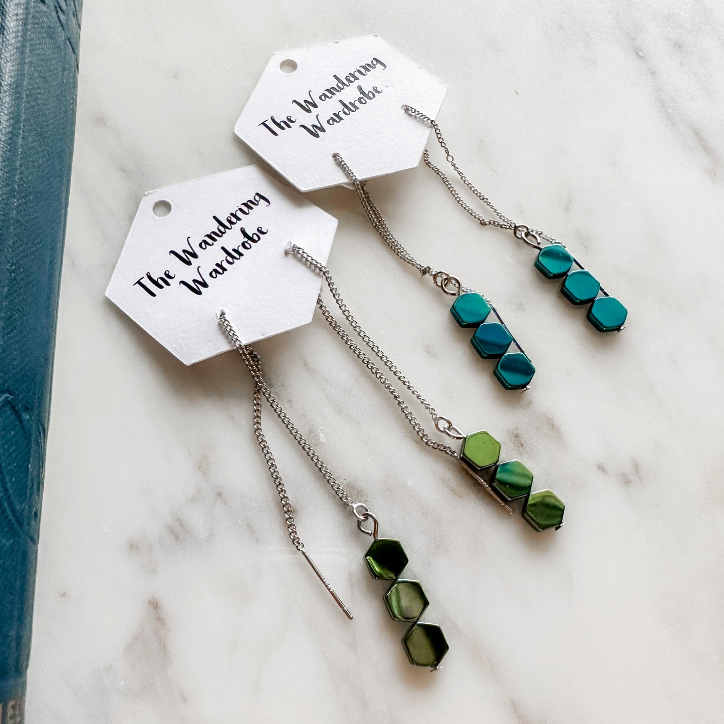Hexagon Geometric Silver Thread Drop Earrings (2 options)