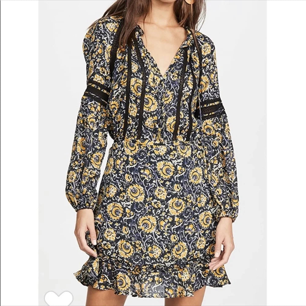 Veronica Beard Ida Floral Silk Yellow Blue Black Mini Dress