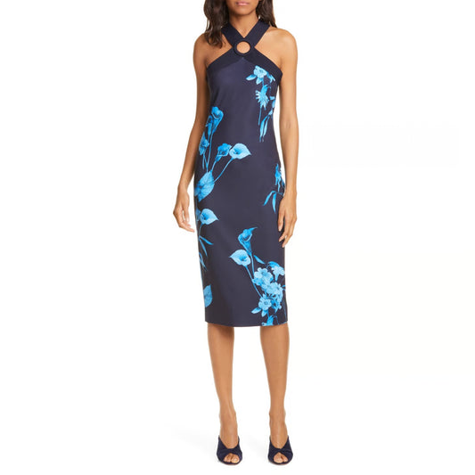 Ted Baker Navy Blue Fantasia Bodycon Halter Floral Dress (TB 2 or US 6)