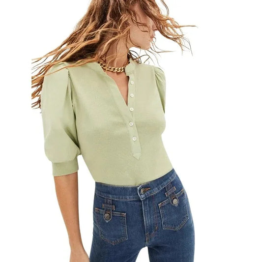 Veronica Beard Coralee Puff Sleeve Top in Dusty Sage Green (XL)