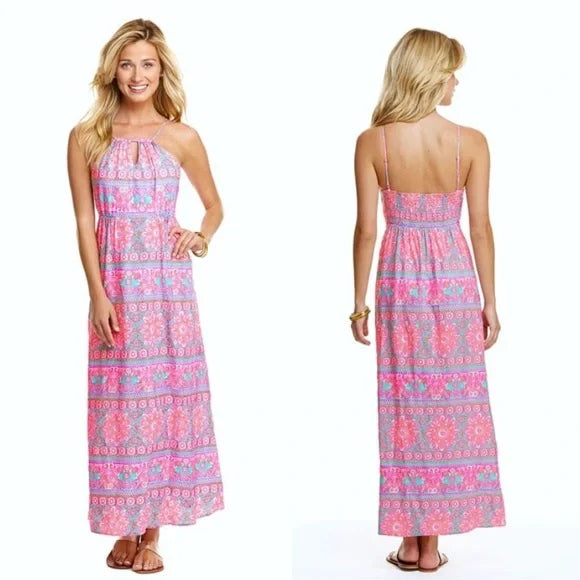 Vineyard Vines Caribbean Floral Bright Pink and Turquoise Maxi Dress (0 or XS)
