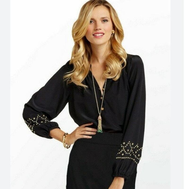 Lilly Pulitzer Elsa Black Silk Gold Stud Sleeve Top (XS)
