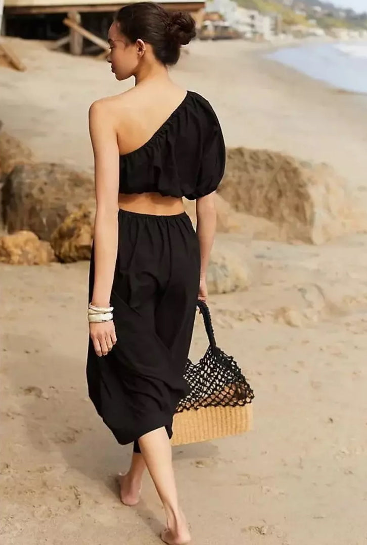Stateside Poplin Black One-Shoulder Twist Maxi Dress (S)