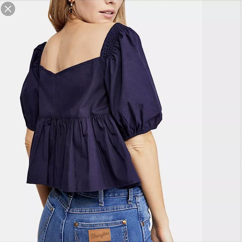 Free People Veronica Top in Navy Blue (M)