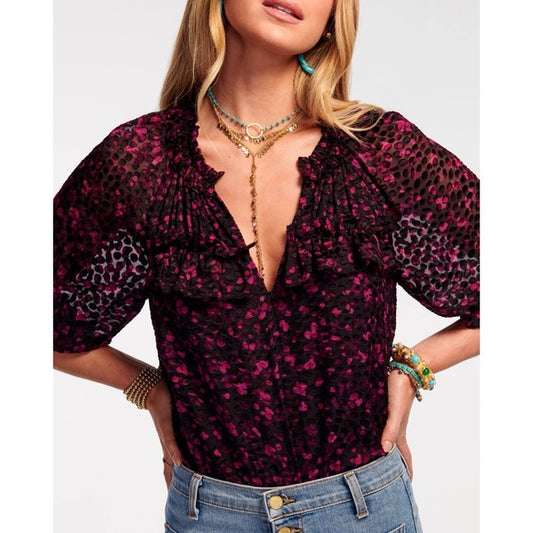 Ramy Brook Sara V-Neck Velvet Textured Top in Plumberry