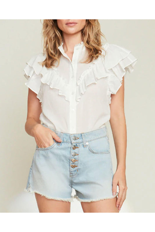 Veronica Beard Jaliyah White Cotton Button Down Ruffle Top (S)
