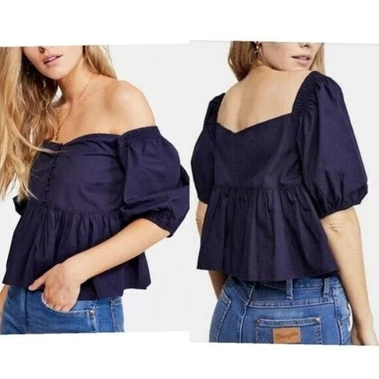 Free People Veronica Top in Navy Blue (M)