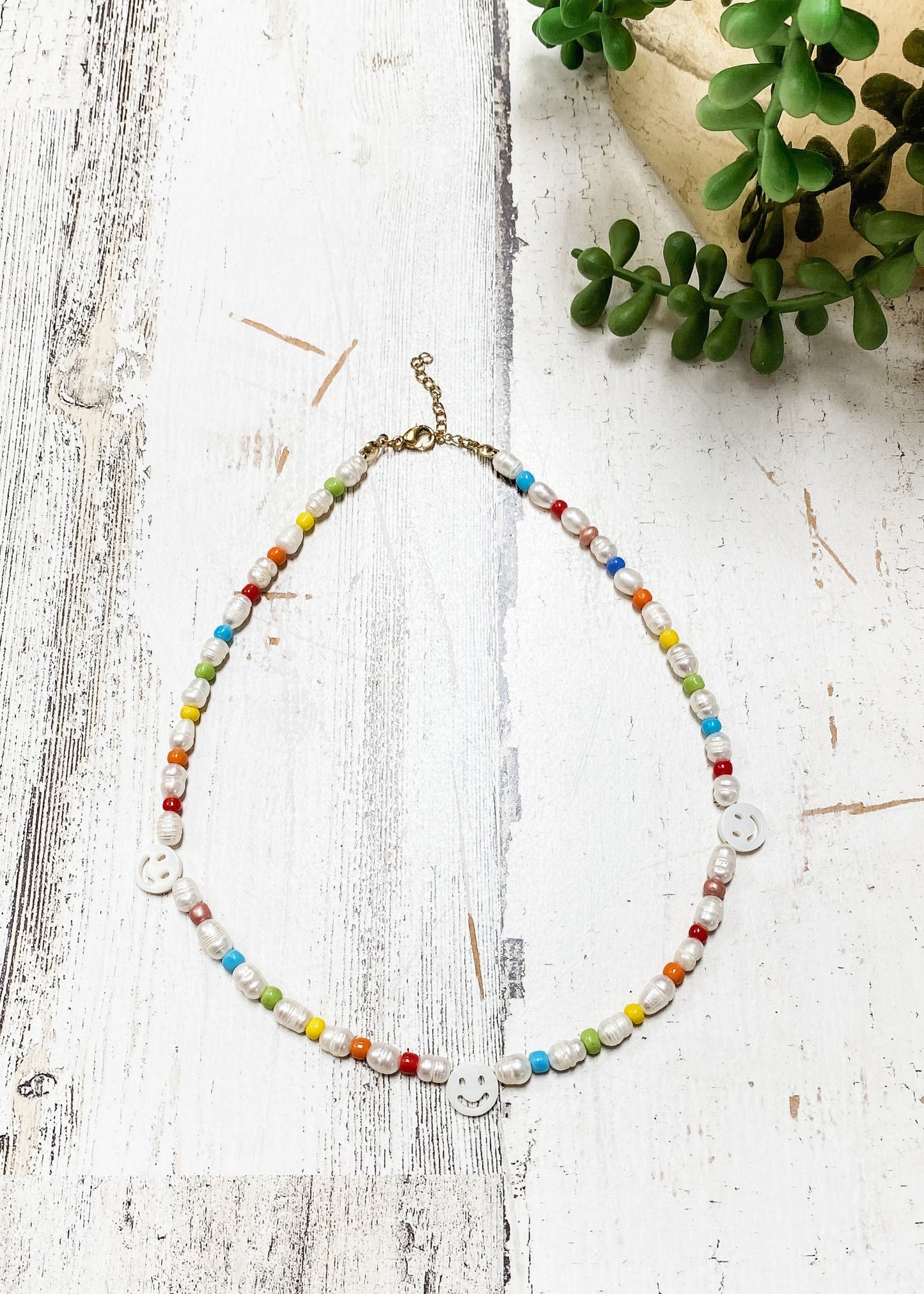 Smiley Pearl & Stone Short Necklace