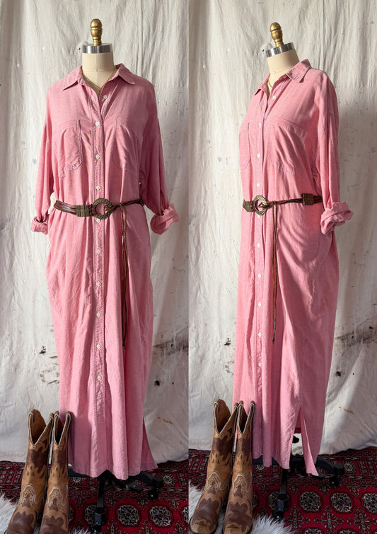 Vintage 90s Eddie Bauer Red Chambray Maxi Shirt Dress (L)