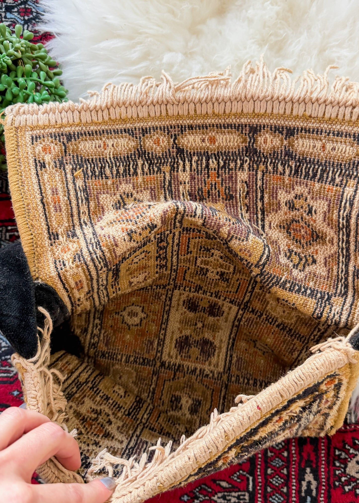 Vintage 70s Golden Yellow Brown Tapestry Fringe Trim Shoulder Purse