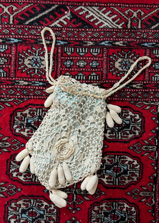Antique Edwardian Irish Crochet Reticule Purse Sea Foam Green Lined c. 1900–1915