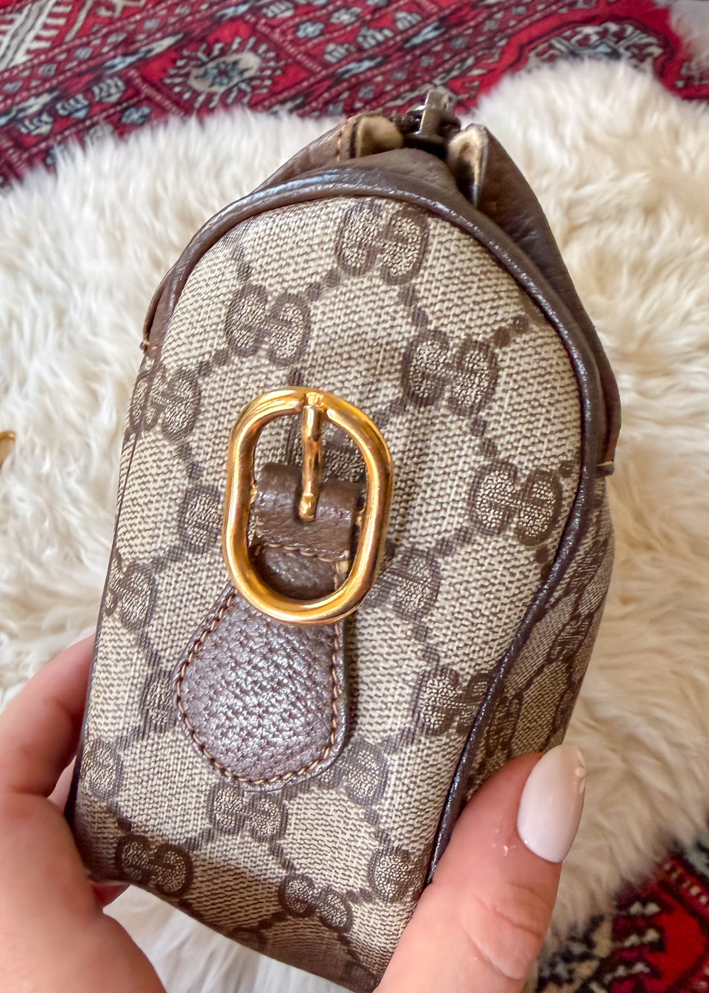 Vintage 80s Gucci Sherry Line GG Brown Shoulder Bag Purse + Gold Shoulder Chain