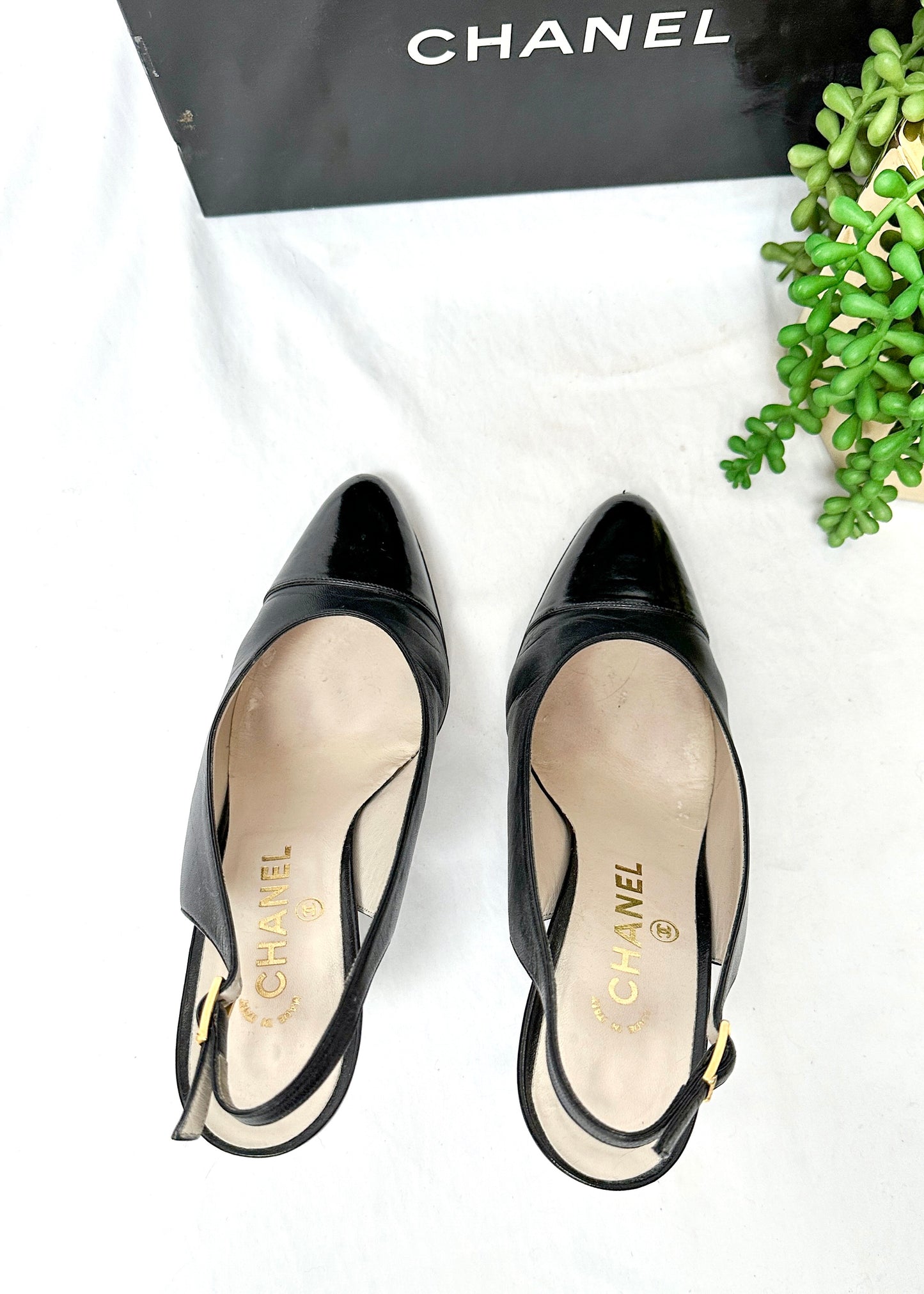 Vintage Chanel Black Leather Cap Toe Slingback Heels (38)