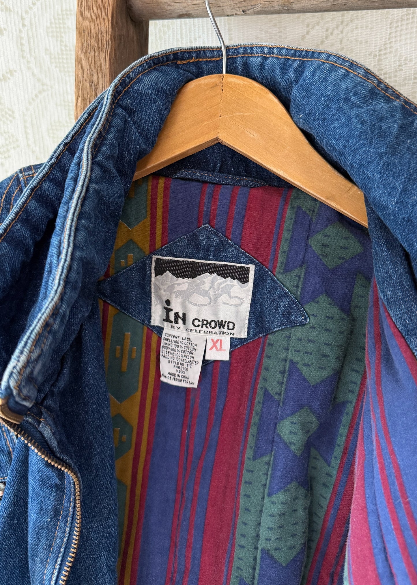 Vintage 90s In Crowd Denim Ski Jacket Southwestern Lined Oversized Coat