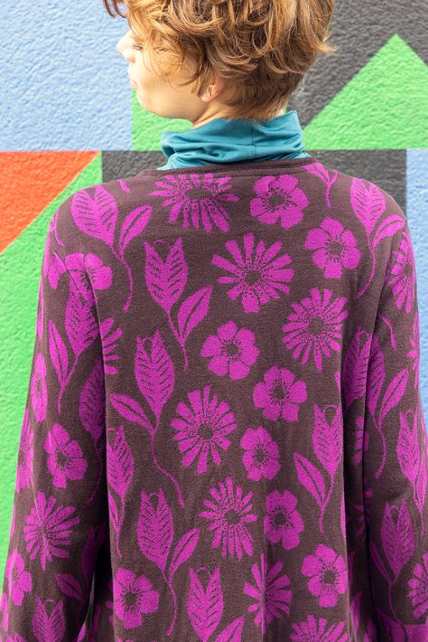 Gudrun Sjoden Purple & Brown Floral Cotton Long Cardigan Jacket (L)