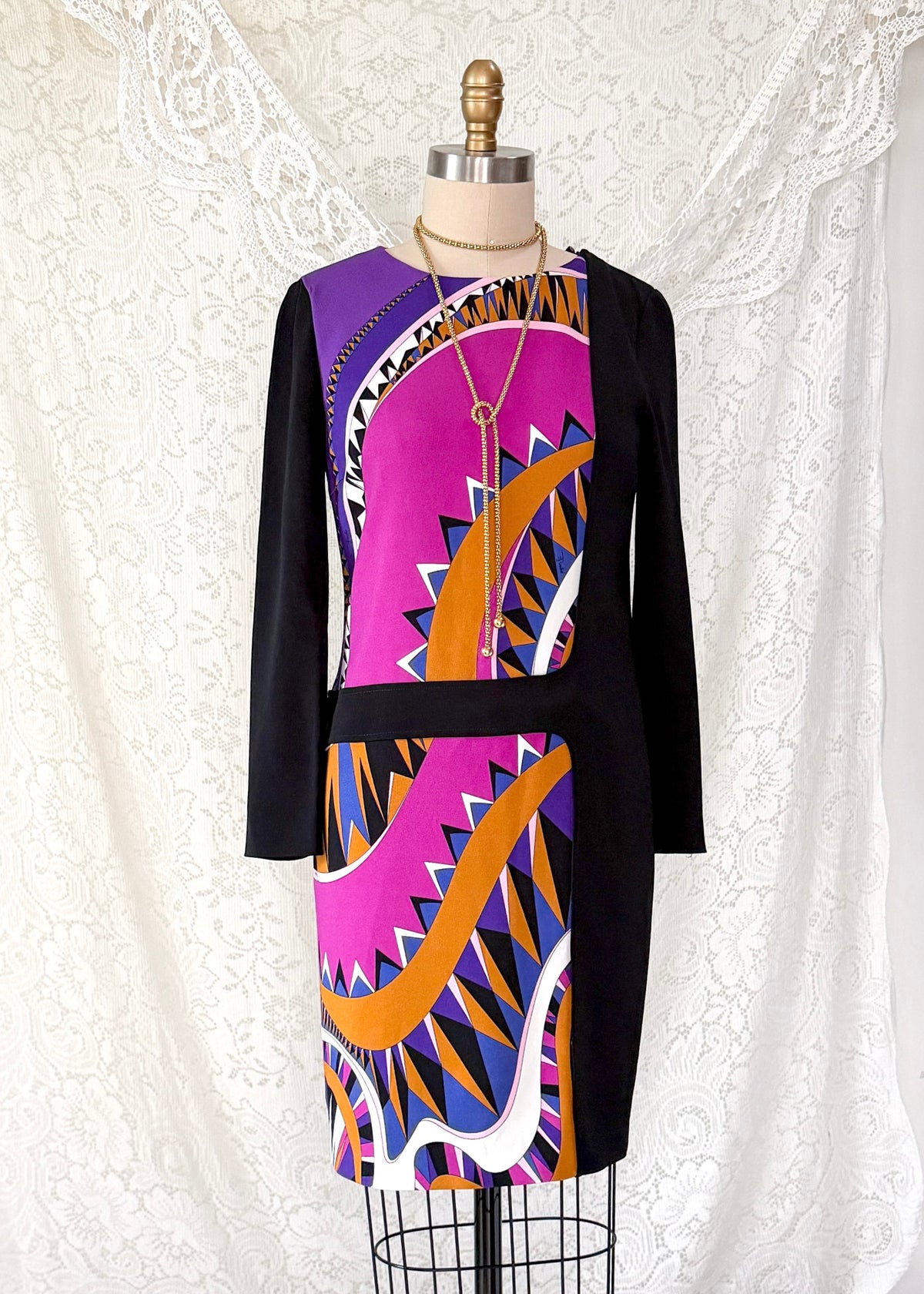 Emilio Pucci Magenta Black Purple Signature Print Silk Lined Dress (US 6)