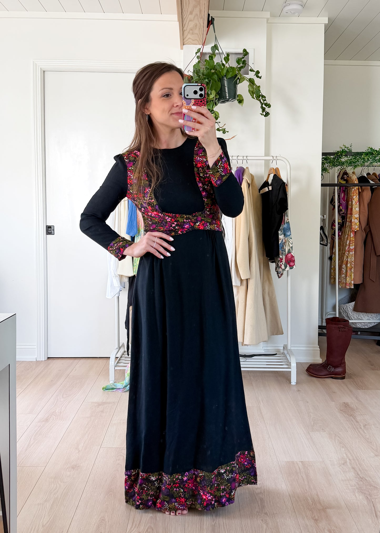 Vintage 60s 70s Zanie London Black & Floral Wrap Maxi Dress (vintage EU 36 or 2/4)