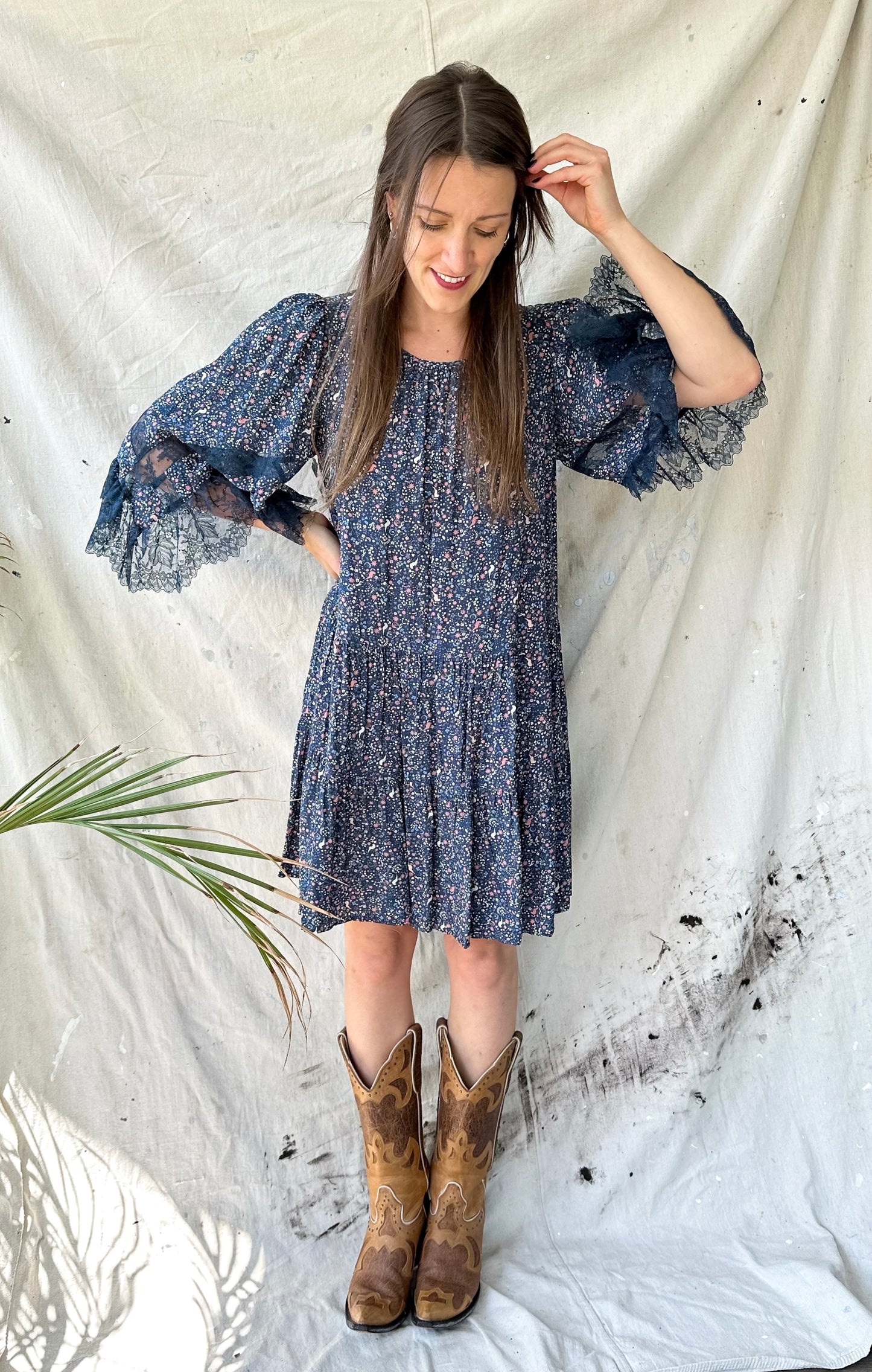 See by Chloe Navy Floral Lace Sleeve Dress (FR 36 or US 4)