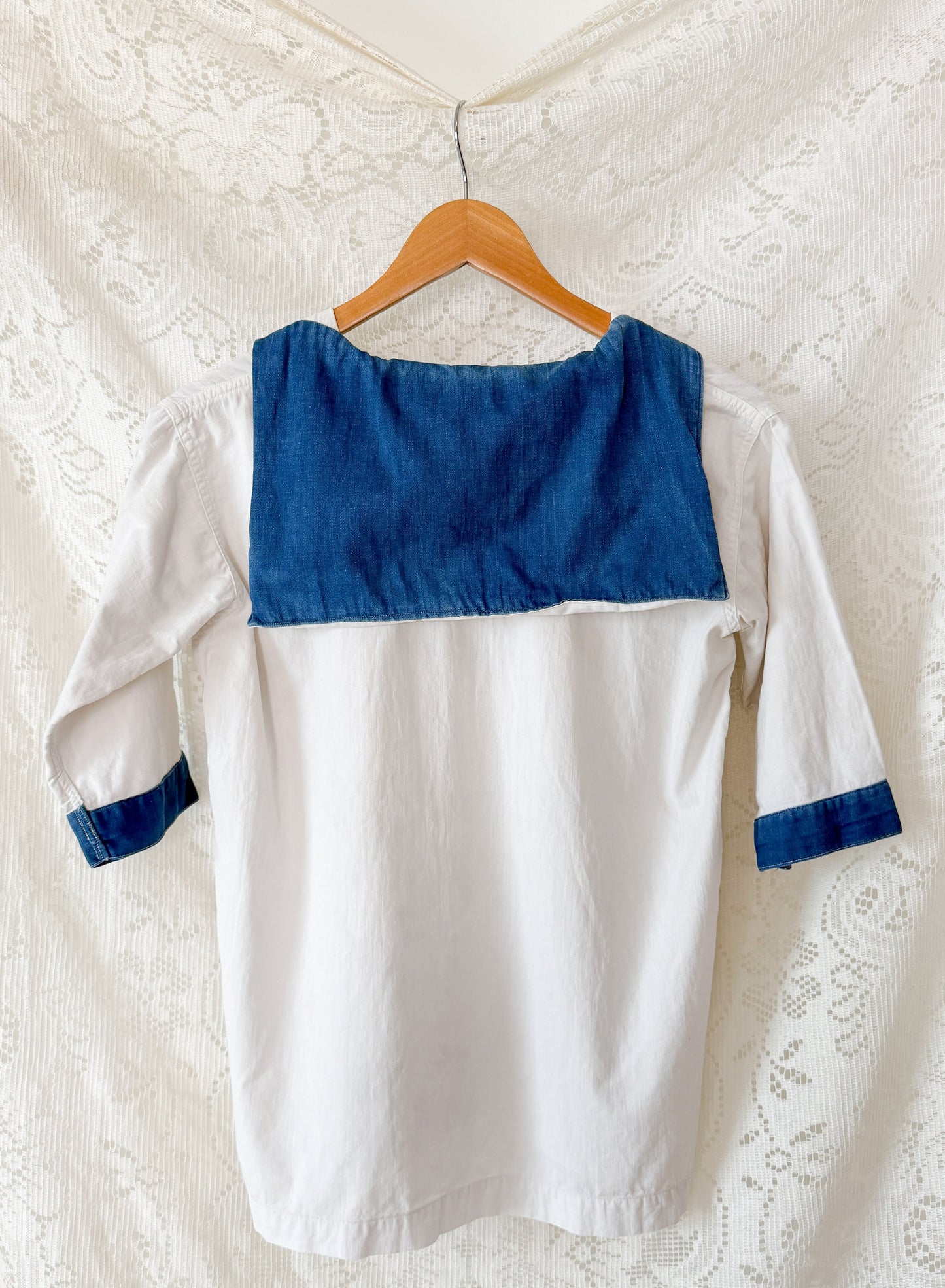 1940s White Nautical Sailor Blouse with Chambray Trim