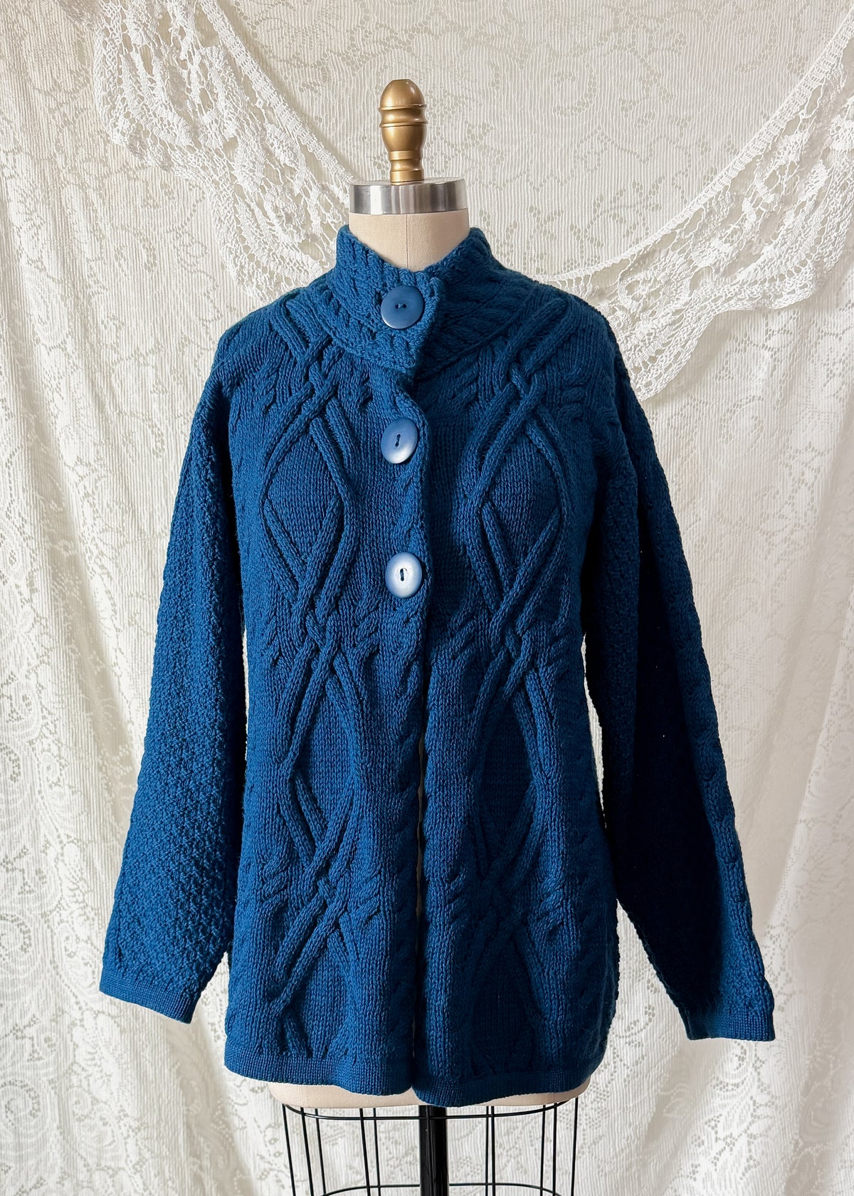 Vintage Aran Crafts Ireland Teal Blue Wool Cable Knit Cardigan Jacket (L)