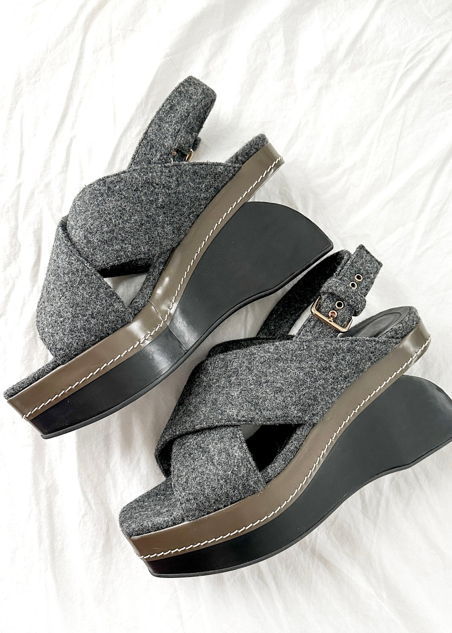 Marni Gray Wool Felt Cross Front Square Toe Sculptural Wedges (39 or 8.5)