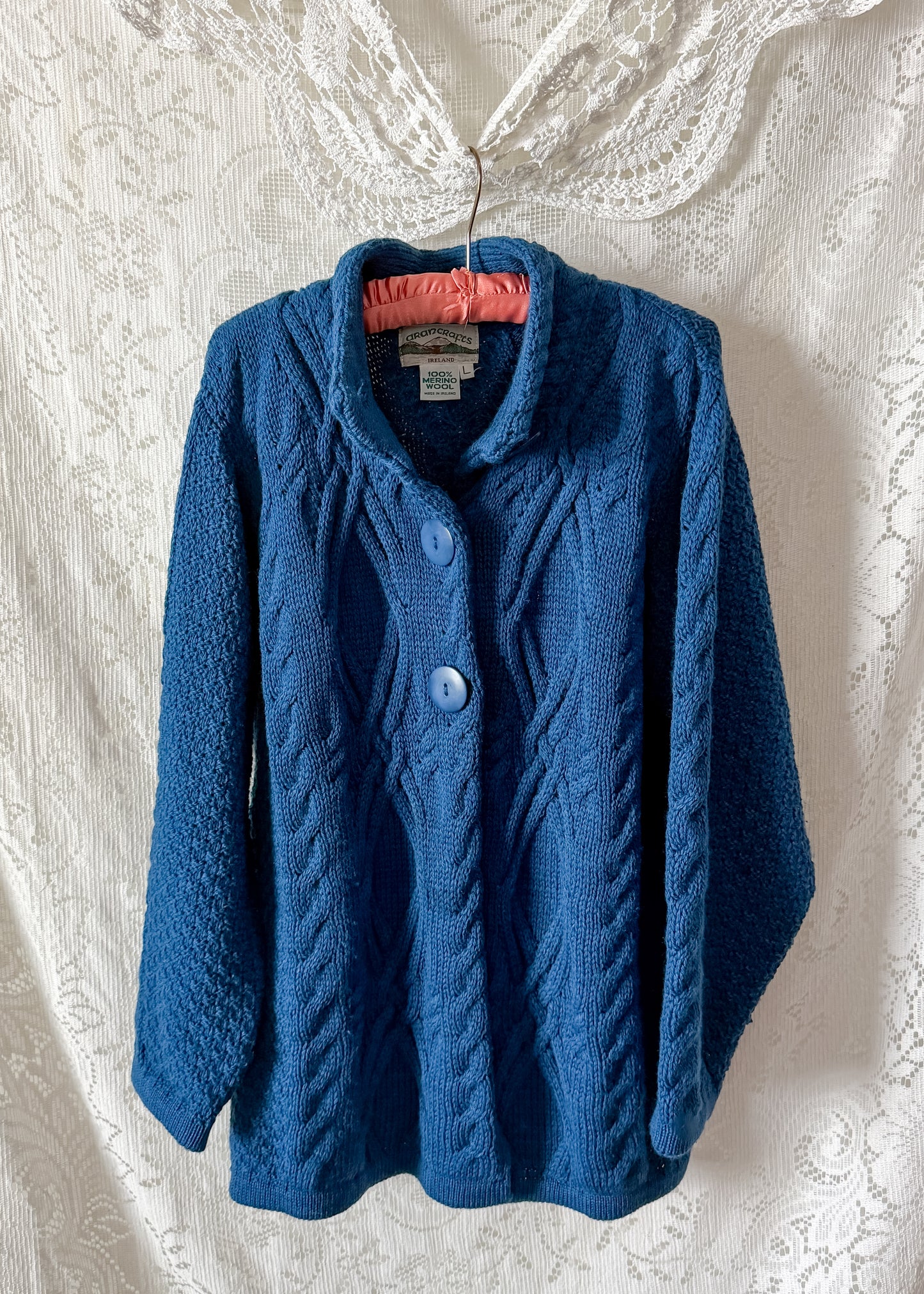 Vintage Aran Crafts Ireland Teal Blue Wool Cable Knit Cardigan Jacket (L)