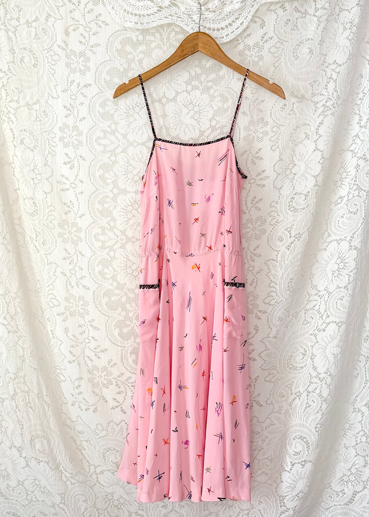 Vintage 1980s Jack Mulqueen Pink Silk Abstract Print Dress (6)