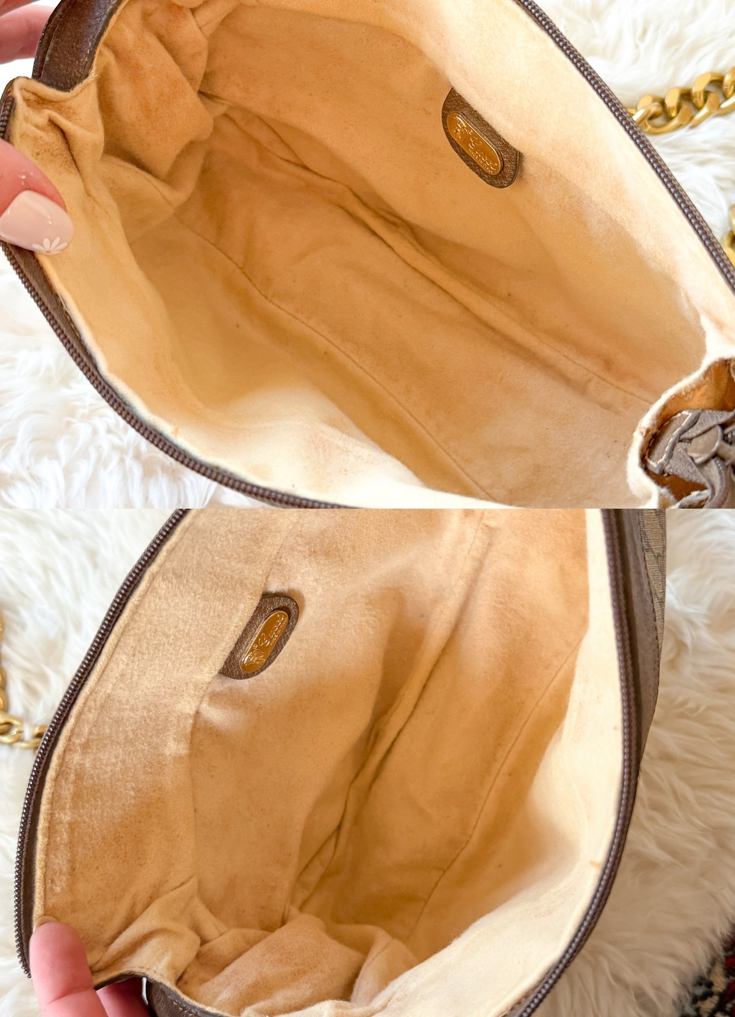 Vintage 80s Gucci Sherry Line GG Brown Shoulder Bag Purse + Gold Shoulder Chain